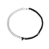 Necklace chain with Black Agate and Wolf pendant Rhodium