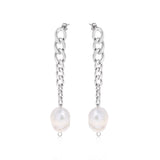 Chain Earrings with Baroque Pearl Pendant Rhodium