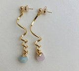 Spiral Earrings with Nephritis and Rose Quartz Gems Gold Plating